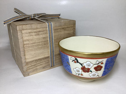 Omuro-yaki Tea Bowl by Tsuboya Namie — Seigaiha Wave & Shochikubai — Gold Ground Overglaze Enamel