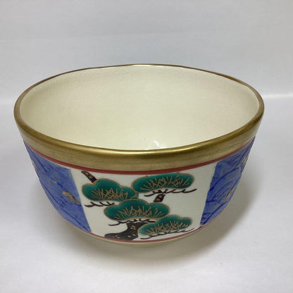 Omuro-yaki Tea Bowl by Tsuboya Namie — Seigaiha Wave & Shochikubai — Gold Ground Overglaze Enamel