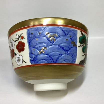 Omuro-yaki Tea Bowl by Tsuboya Namie — Seigaiha Wave & Shochikubai — Gold Ground Overglaze Enamel