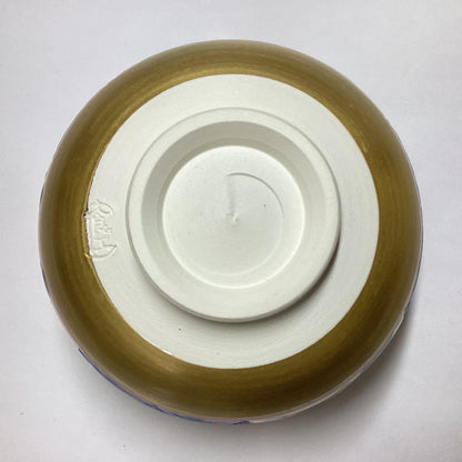 Omuro-yaki Tea Bowl by Tsuboya Namie — Seigaiha Wave & Shochikubai — Gold Ground Overglaze Enamel