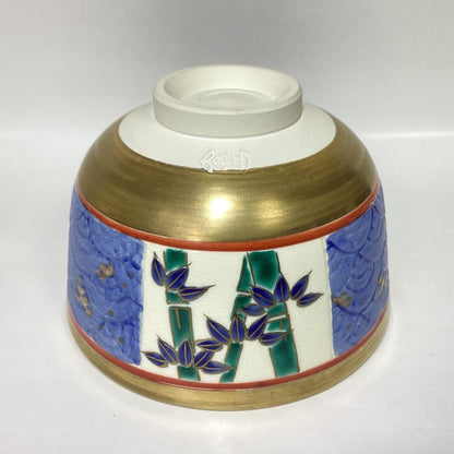 Omuro-yaki Tea Bowl by Tsuboya Namie — Seigaiha Wave & Shochikubai — Gold Ground Overglaze Enamel