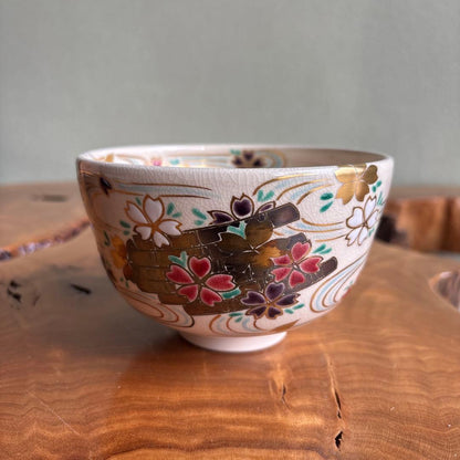 Kyoyaki Iroe Chawan by Shozaemon, Oshikoji-yaki Matcha Tea Bowl with Sakura and Flowing Water Design, Signed Tomobako