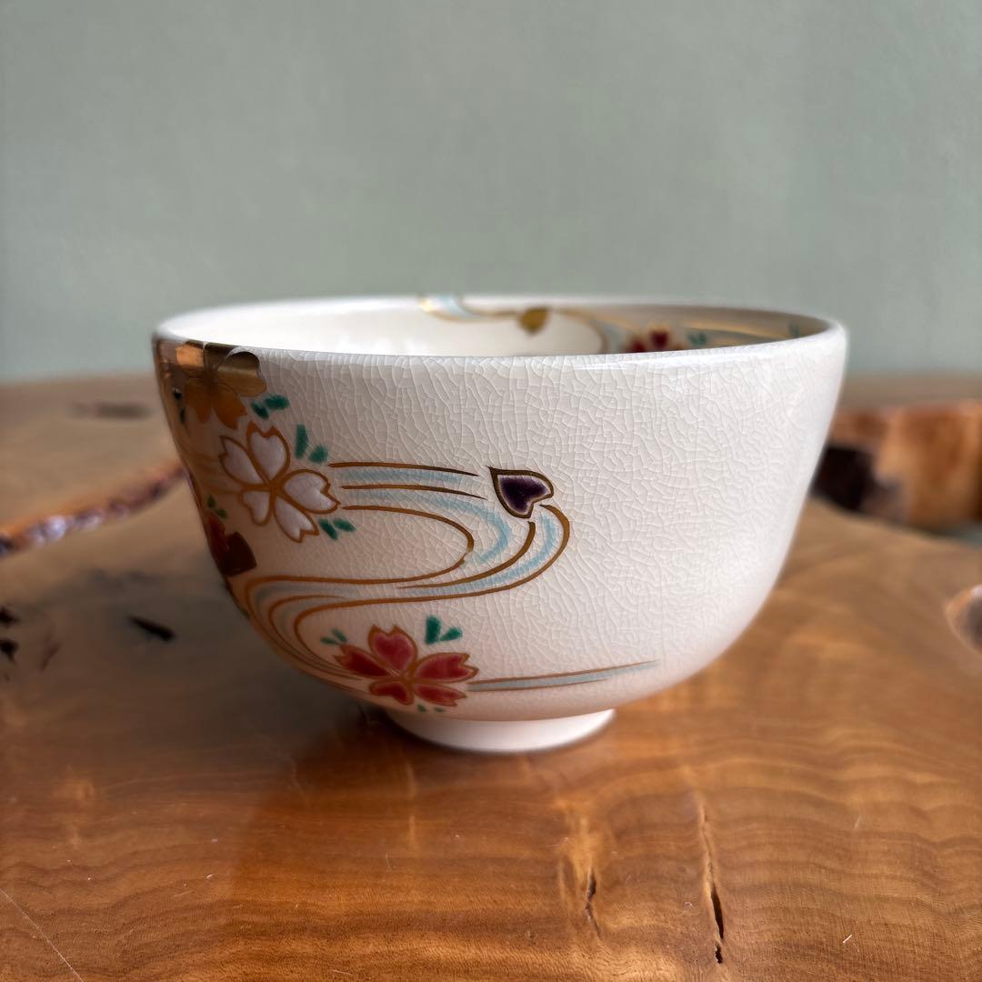 Kyoyaki Iroe Chawan by Shozaemon, Oshikoji-yaki Matcha Tea Bowl with Sakura and Flowing Water Design, Signed Tomobako