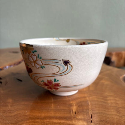 Kyoyaki Iroe Chawan by Shozaemon, Oshikoji-yaki Matcha Tea Bowl with Sakura and Flowing Water Design, Signed Tomobako
