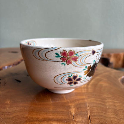 Kyoyaki Iroe Chawan by Shozaemon, Oshikoji-yaki Matcha Tea Bowl with Sakura and Flowing Water Design, Signed Tomobako