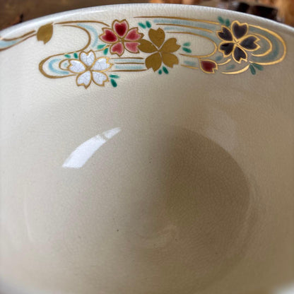 Kyoyaki Iroe Chawan by Shozaemon, Oshikoji-yaki Matcha Tea Bowl with Sakura and Flowing Water Design, Signed Tomobako