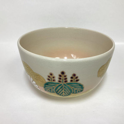 Kiku-Kiri Tea Bowl by Hashimoto Shiun — Overglaze Enamels, Chrysanthemum & Paulownia, Signed Box