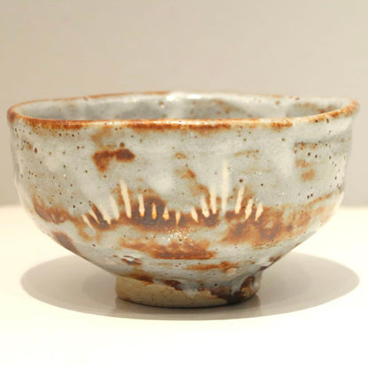 Kato Yoshiemon Nezumi Shino Tea Bowl - Mino Ware Chawan with Yellow Ribbon Tomobako