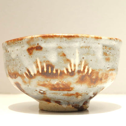 Kato Yoshiemon Nezumi Shino Tea Bowl - Mino Ware Chawan with Yellow Ribbon Tomobako