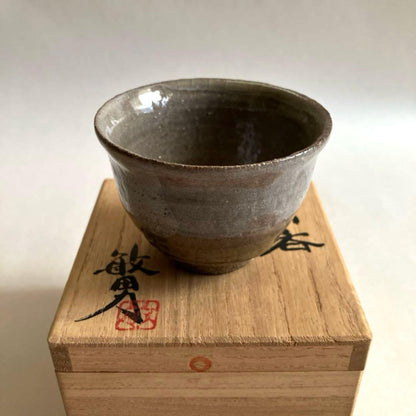 Takeda Toshio | Mashiko Guinomi | Ash Glaze with Turquoise Pool | Japanese Sake Cup Artist Box