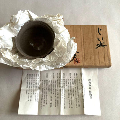 Takeda Toshio | Mashiko Guinomi | Ash Glaze with Turquoise Pool | Japanese Sake Cup Artist Box