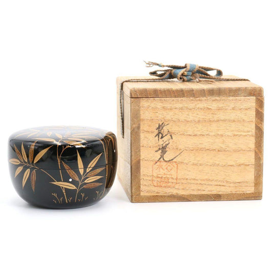 Sasa Dew Maki-e Hira-Natsume by Matsunaga Shokan - Silver Granule Lacquer Tea Caddy