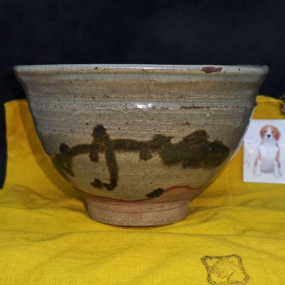 E-Karatsu Style Tea Bowl by Suda Shoho — Iron Reed Motif, Signed Box, Kyoto Ware Masterwork