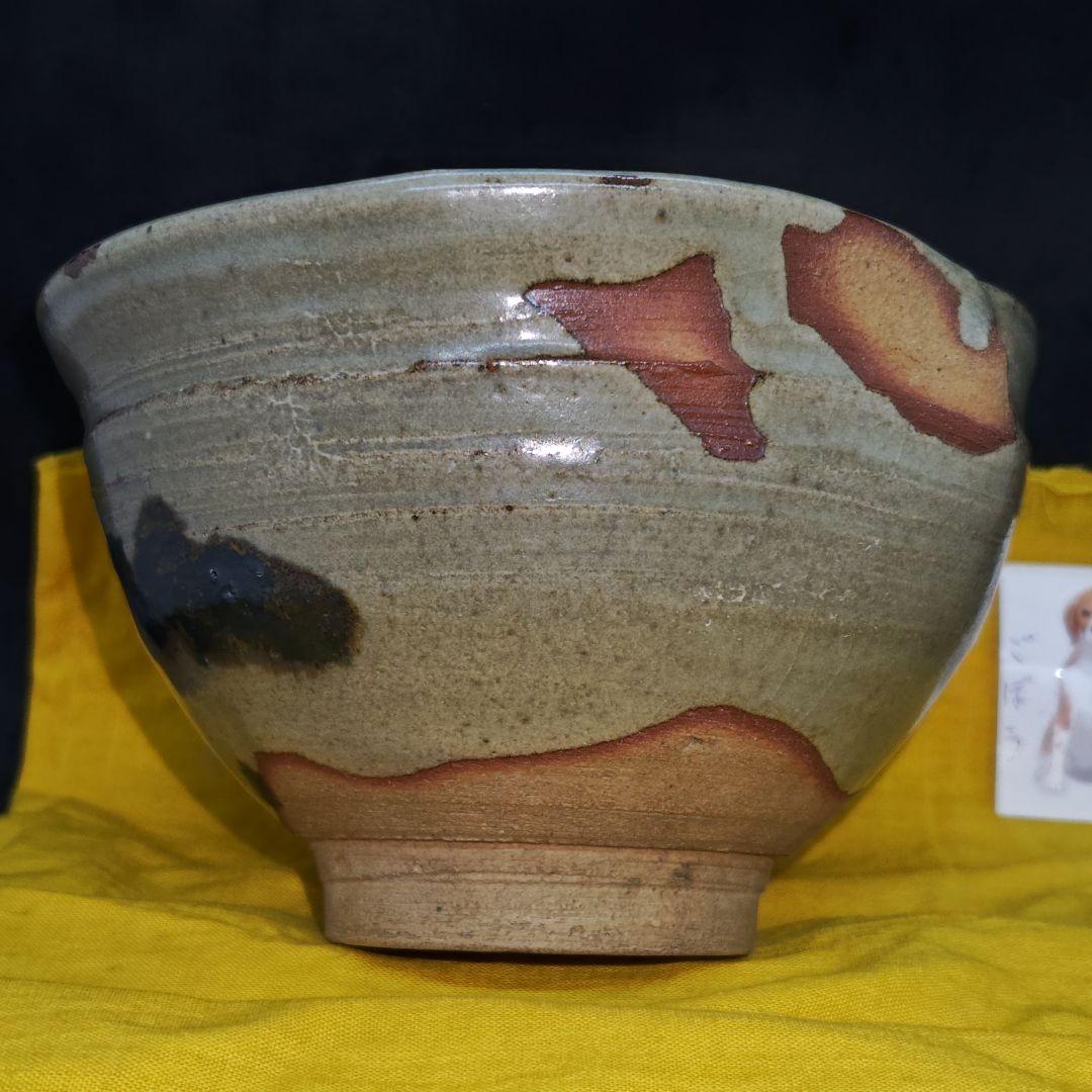 E-Karatsu Style Tea Bowl by Suda Shoho — Iron Reed Motif, Signed Box, Kyoto Ware Masterwork