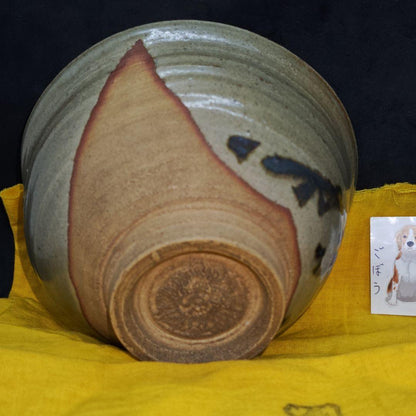 E-Karatsu Style Tea Bowl by Suda Shoho — Iron Reed Motif, Signed Box, Kyoto Ware Masterwork