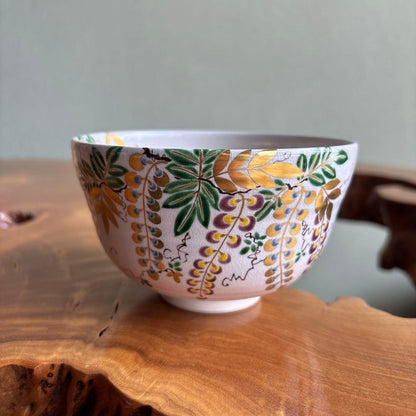Oshikoji-Yaki Wisteria Overglaze Tea Bowl Chawan Kyoto Signed