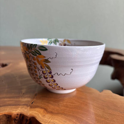 Oshikoji-Yaki Wisteria Overglaze Tea Bowl Chawan Kyoto Signed