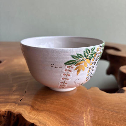 Oshikoji-Yaki Wisteria Overglaze Tea Bowl Chawan Kyoto Signed