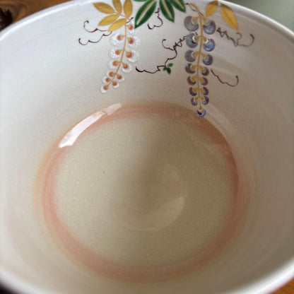 Oshikoji-Yaki Wisteria Overglaze Tea Bowl Chawan Kyoto Signed