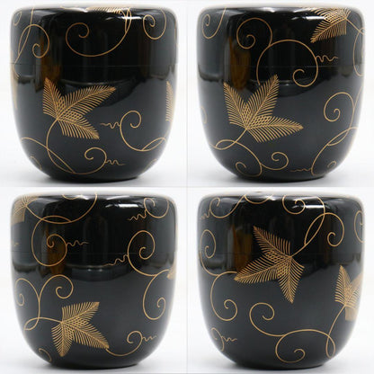 Sakashita Yuho Pine Arabesque Maki-e O-Natsume Gold Lacquer Tea Caddy Matsu Karakusa Tomobako