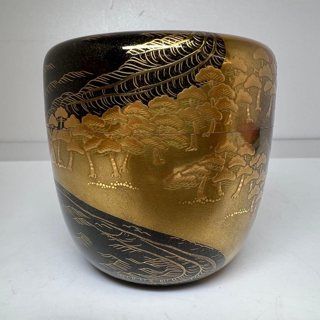 Kitamura Soshin — Matsu Maki-e Natsume Tea Caddy, Full-Body Pine Forest with Gold Nashiji Interior