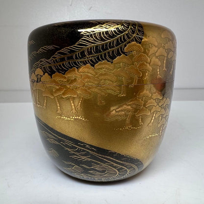 Kitamura Soshin — Matsu Maki-e Natsume Tea Caddy, Full-Body Pine Forest with Gold Nashiji Interior