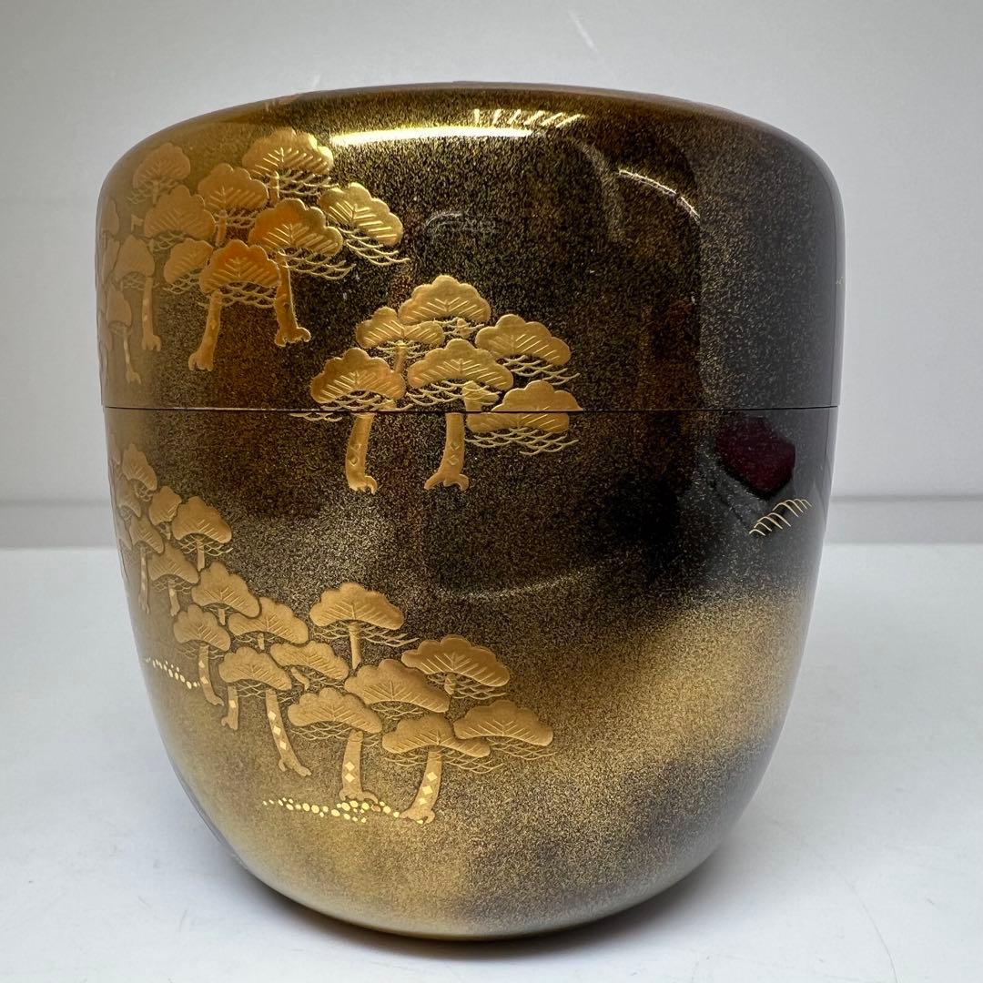 Kitamura Soshin — Matsu Maki-e Natsume Tea Caddy, Full-Body Pine Forest with Gold Nashiji Interior