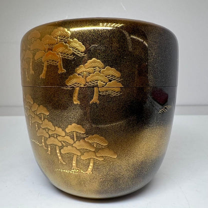 Kitamura Soshin — Matsu Maki-e Natsume Tea Caddy, Full-Body Pine Forest with Gold Nashiji Interior