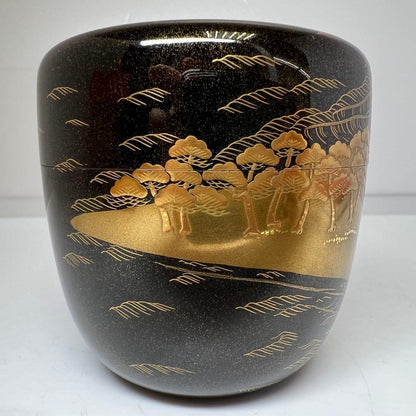 Kitamura Soshin — Matsu Maki-e Natsume Tea Caddy, Full-Body Pine Forest with Gold Nashiji Interior