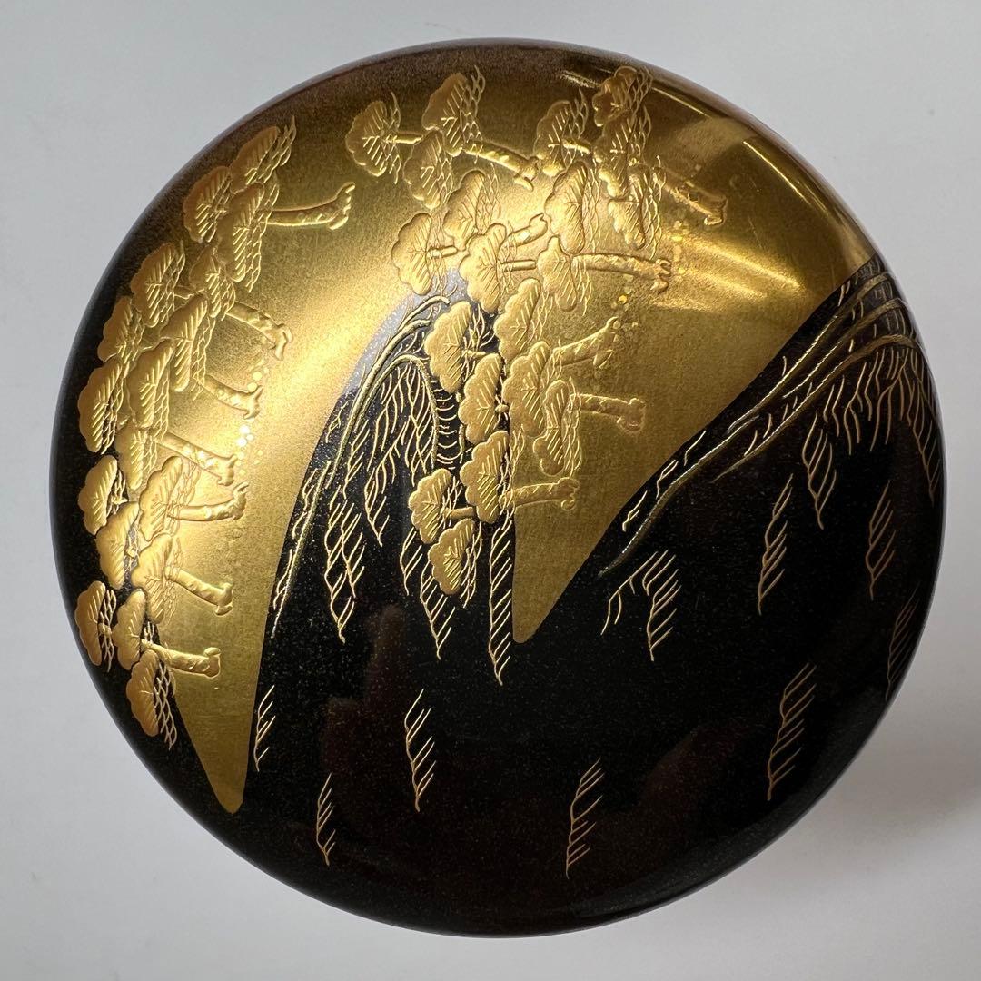 Kitamura Soshin — Matsu Maki-e Natsume Tea Caddy, Full-Body Pine Forest with Gold Nashiji Interior