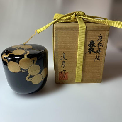 Karamatsu Maki-e Natsume Tea Caddy, Gold Larch Medallions by Naohiko