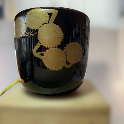 Karamatsu Maki-e Natsume Tea Caddy, Gold Larch Medallions by Naohiko