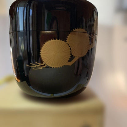 Karamatsu Maki-e Natsume Tea Caddy, Gold Larch Medallions by Naohiko