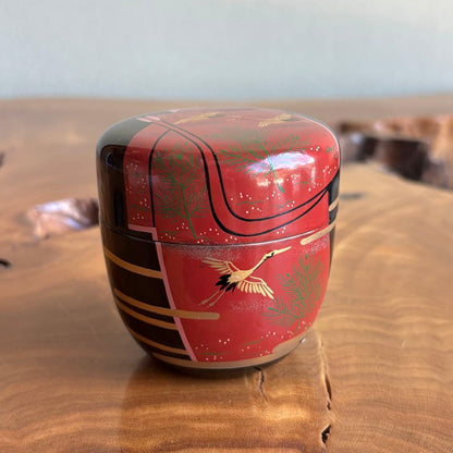 Nakamura Kosai Taga-sode Pine and Crane Maki-e Natsume — Bold Red and Black with Gold Cranes, Auspicious Motif, Signed Box