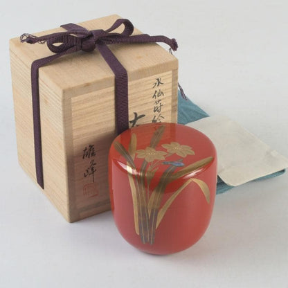 Narcissus Suisen Maki-e O-Natsume Tea Caddy by Sakashita Yuho Yamanaka-nuri