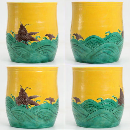 Yellow Kochi Ware Mizusashi Water Jar with Arai-iso Carp Design — Seizan Mark, Japanese Tea Ceremony