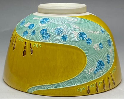 Haru no Ogawa Kochi-yaki Chawan by Nakamura Suiran — Spring River Tea Bowl