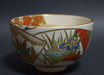 Tezuka Toho — Ninsei-Utsushi Fan & Stream Tea Bowl | Kyo-yaki Polychrome Gold Enamel
