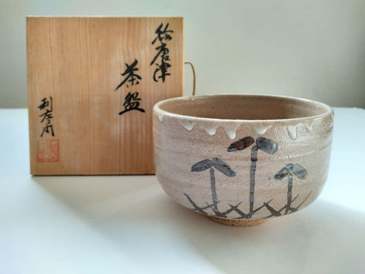 Takemura Rizaemon — E-Karatsu Tea Bowl with Pine Iron Painting and Dripping White Glaze