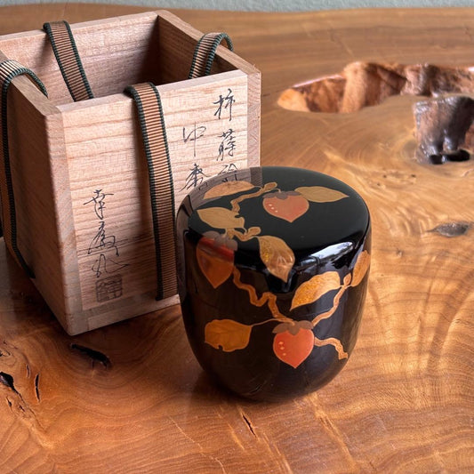 Takeuchi Kosai Kaki Maki-e Natsume — Persimmon Design in Gold and Vermillion on Black, Silver Interior, Box Without Lid