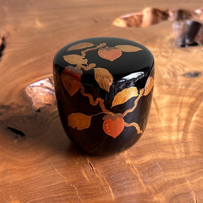 Takeuchi Kosai Kaki Maki-e Natsume — Persimmon Design in Gold and Vermillion on Black, Silver Interior, Box Without Lid