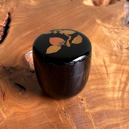 Takeuchi Kosai Kaki Maki-e Natsume — Persimmon Design in Gold and Vermillion on Black, Silver Interior, Box Without Lid