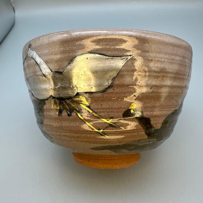 Kenzan-Style Crane Tea Bowl by Tanaka Juho - Gold Silver Pine Chawan with Signed Box