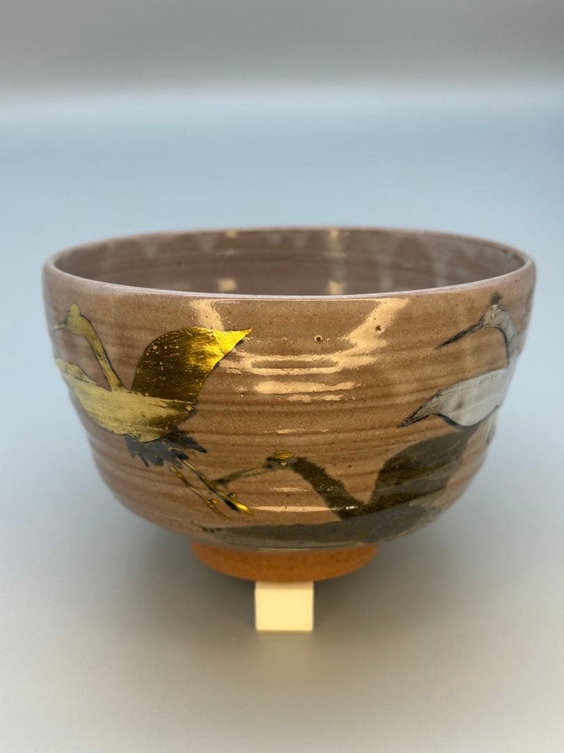 Kenzan-Style Crane Tea Bowl by Tanaka Juho - Gold Silver Pine Chawan with Signed Box