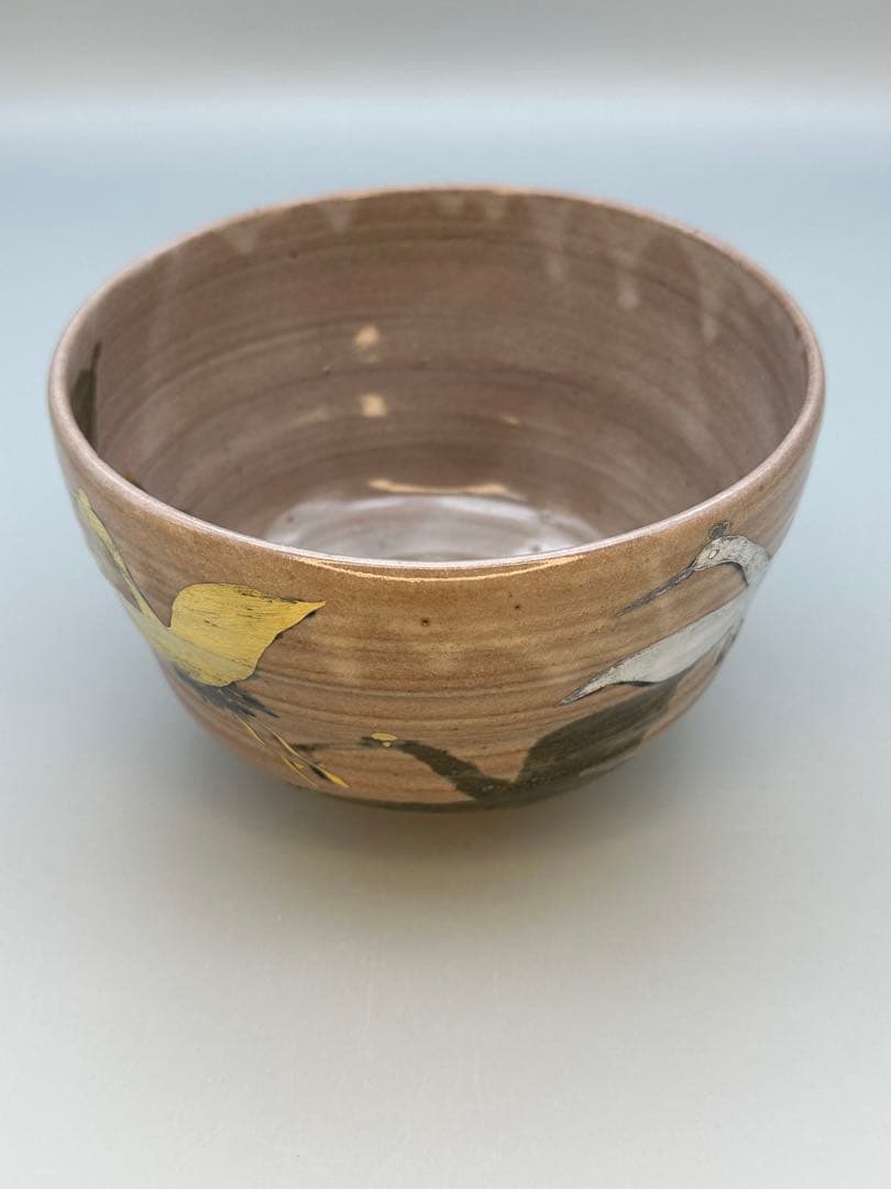 Kenzan-Style Crane Tea Bowl by Tanaka Juho - Gold Silver Pine Chawan with Signed Box
