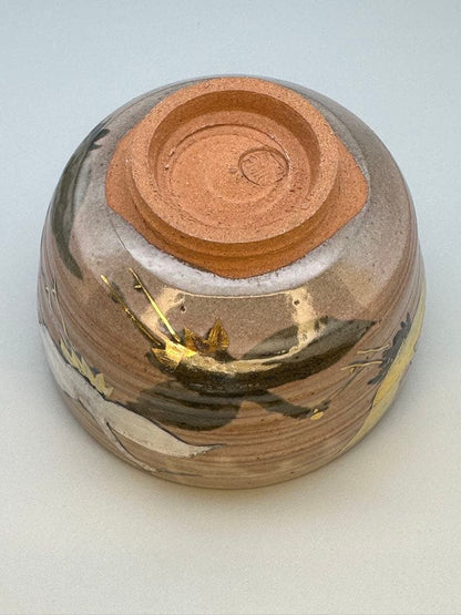 Kenzan-Style Crane Tea Bowl by Tanaka Juho - Gold Silver Pine Chawan with Signed Box