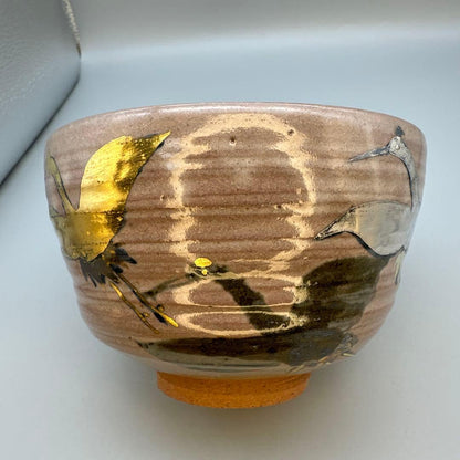 Kenzan-Style Crane Tea Bowl by Tanaka Juho - Gold Silver Pine Chawan with Signed Box