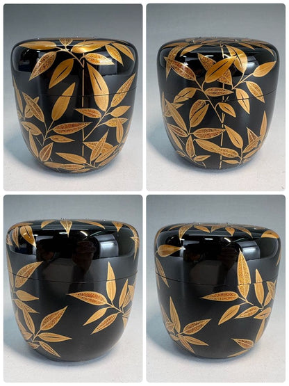 Tada Chuun | Sasa-tsuyu Maki-e Chu-Natsume — Black Lacquer Tea Caddy with Bamboo Dew