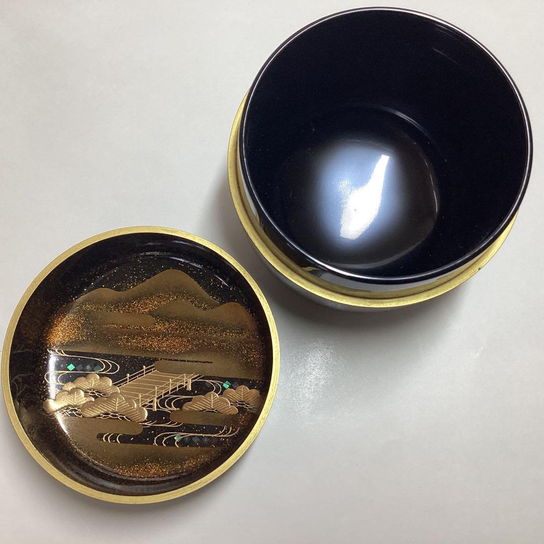 Japanese Tamenuri Lacquer Natsume Tea Caddy with Kyoraku Maki-e Landscape, Signed Nakamura Soetsu, Kyoto Urushi Art with Tomobako