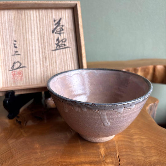 Tea Bowl by Mikami Takeshi | White Glaze Drip | Pink Clay Body | Wide Open Chawan with Signed Box